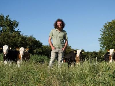 Biodynamisch boer Tim Moerman staat in het weiland met het jongvee achter hem